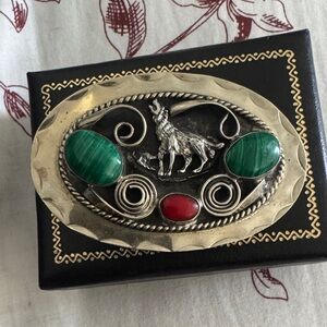 Silver Wolf Belt Buckle with Green and Red Stones